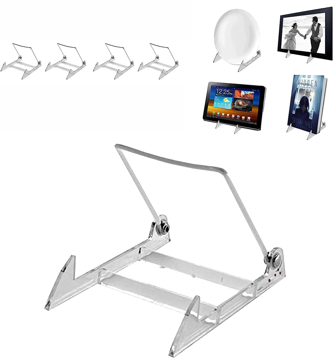 MADE IN USA 4-pack Sturdy & Durable Adjustable Acrylic Easels to Display Unnoticeably Plates, Art, Pictures & More - Unique on the Market