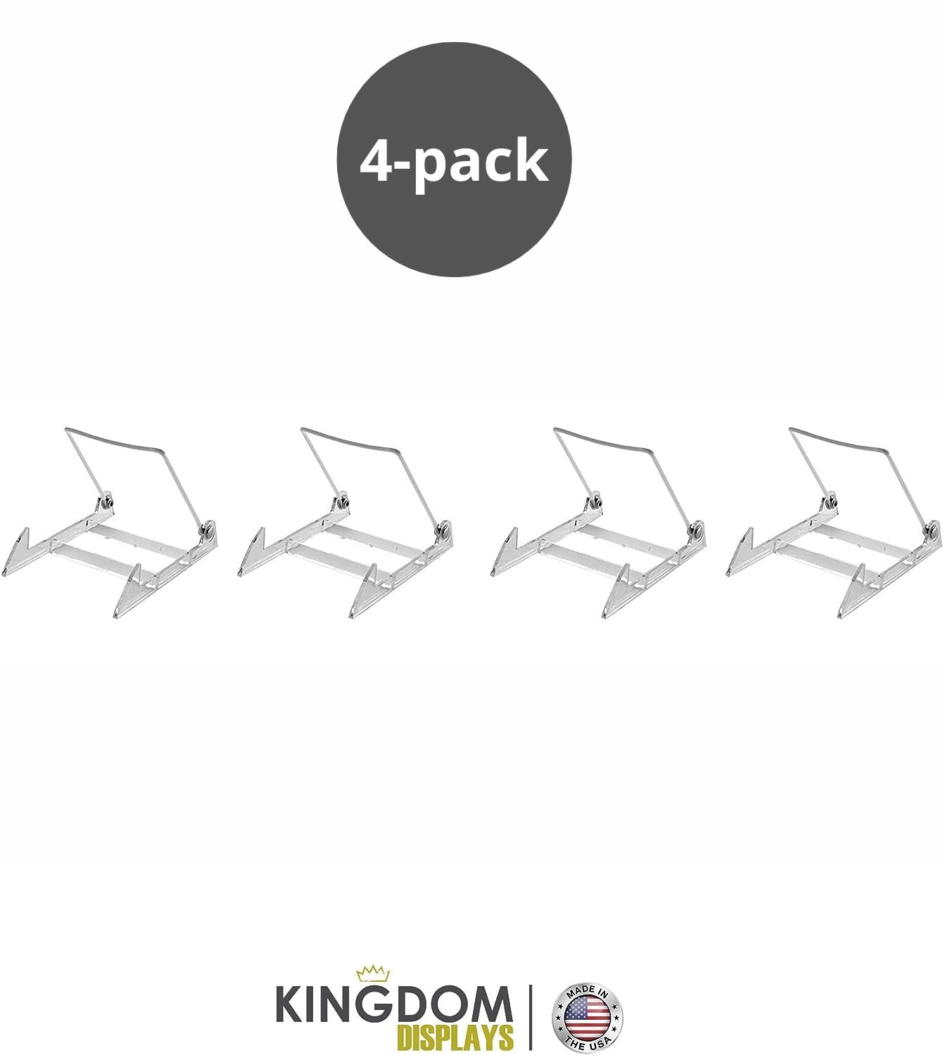 KINGDOM SOLUTIONS MADE IN USA 4-pack Sturdy & Durable Adjustable Acrylic Easels to Display Unnoticeably Plates, Art, Pictures & More - Unique on the Market