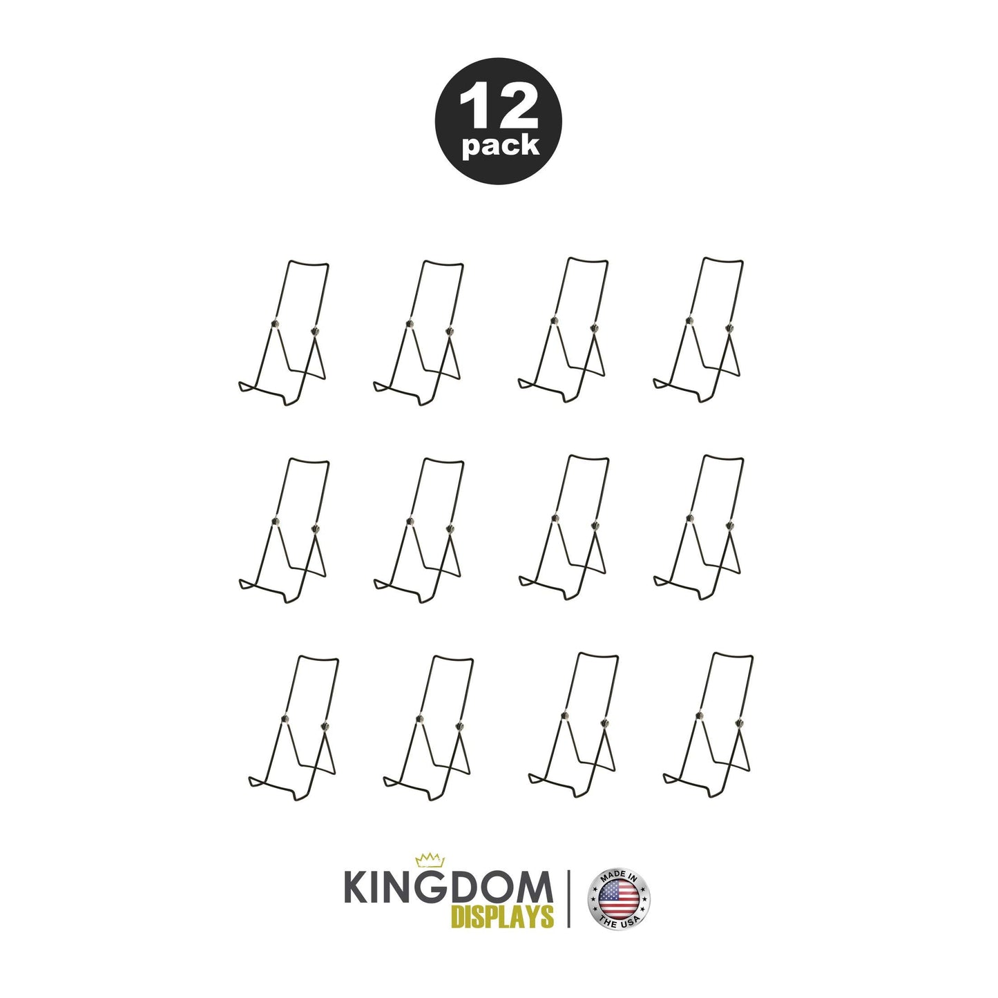 KINGDOM SOLUTIONS MADE IN USA 12-Pack Sturdy & Durable Adjustable Metal Easels to Display Books, Frames, Comics, Plates & More - Unique on the Market