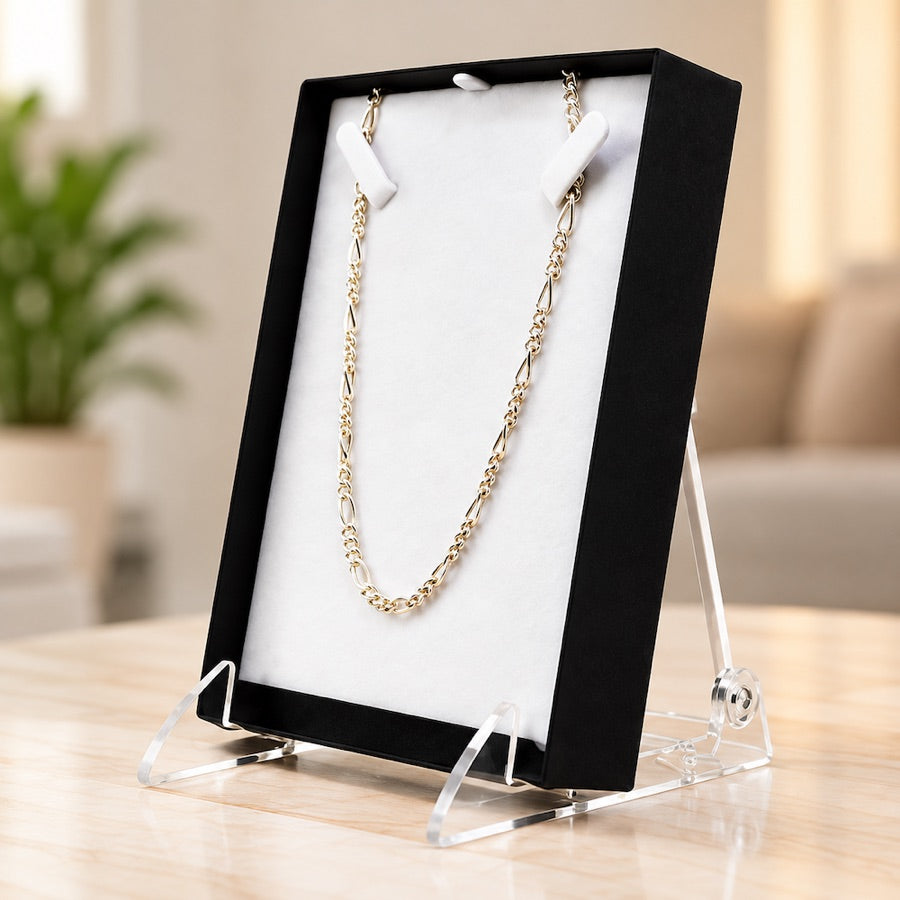 Framed necklace displayed on a clear acrylic stand.